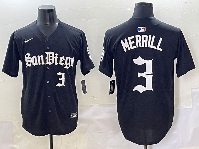 Men 2025 San Diego Padres #3 Merrill Black Five generations Joint Name Nike MLB Jersey style 8->san diego padres->MLB Jersey